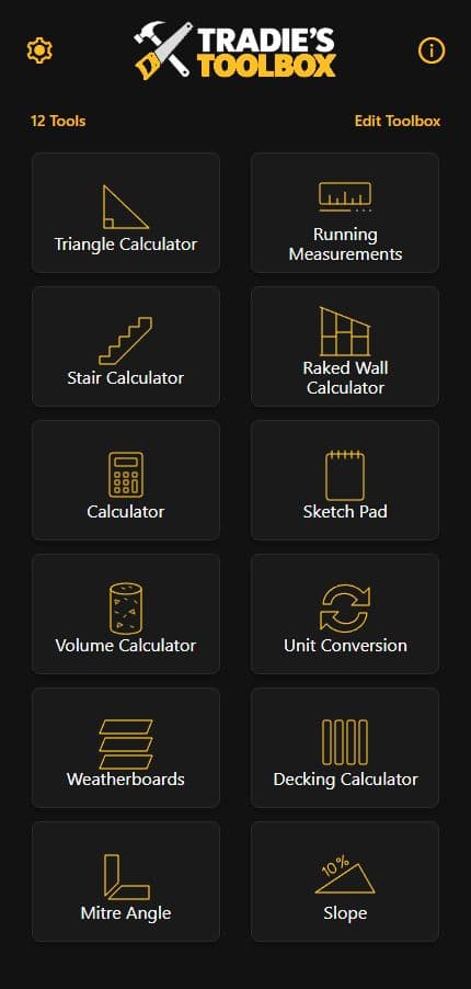 Tradies Toolbox home screen with twelve tools, amber outline icons and white tool names